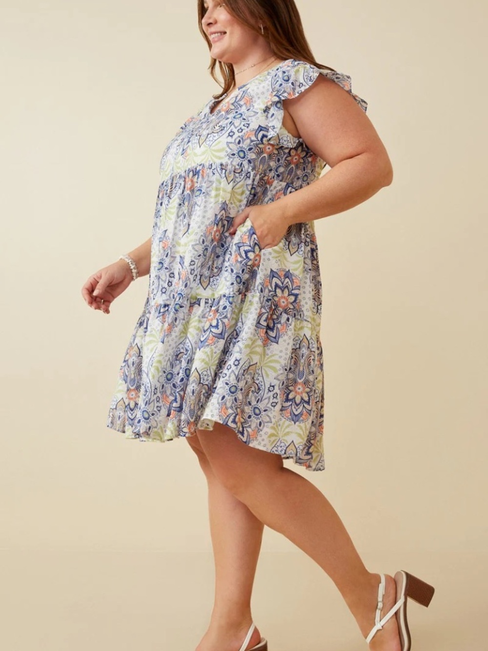 Boho Floral Paisley Tiered Mini Dress Ruffle Sleeve 1XL Hayden Los Angeles